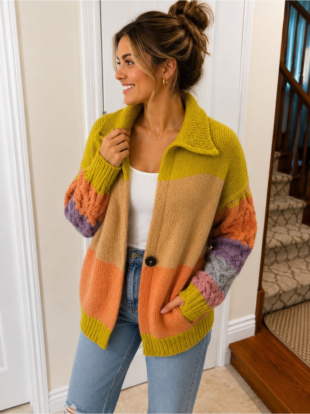 Storia Colorblock Mohair Blend Cardigan Oversized Boho Button Front